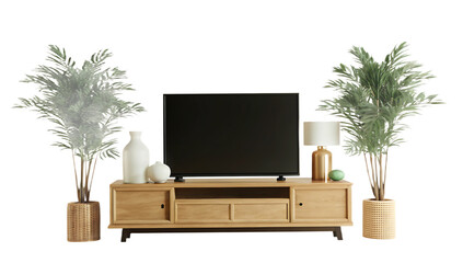 tv on the cabinet in modern living room isolated on white background, png, ai generated