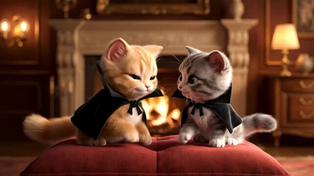 Halloween Cats in Vampire Costumes - Two adorable kitten dressed as vampires are facing each other in front of a fireplace.