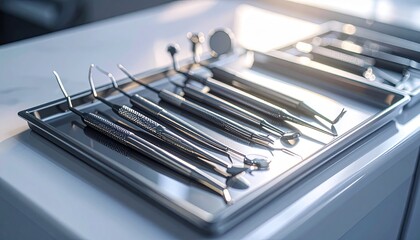 Close-up of sterile dental instruments on a metal tray in a dentist's office, ready for use.
