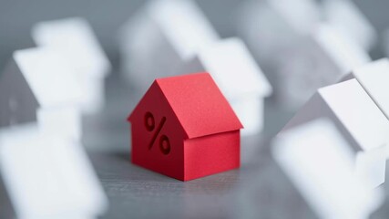 A red house with a red percent sign on it is surrounded by a row of white houses. The red house stands out as the odd one out, drawing attention to itself
