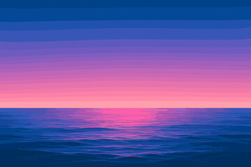 Fototapeta premium Vector twilight blue ocean pink glowing horizon sky illustration gradient