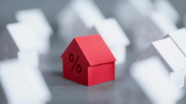 A red house with a red percent sign on it is surrounded by a row of white houses. The red house stands out as the odd one out, drawing attention to itself