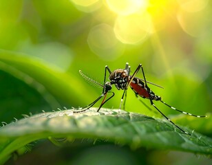 Fototapeta premium Mosquito on a Leaf, Close-up View.
