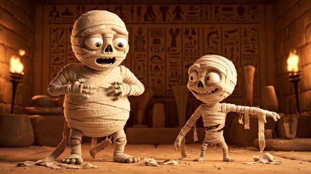 Cartoon Mummies in a Tomb - Two cartoon mummies stand in a tomb with hieroglyphics on the wall behind them.