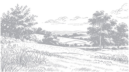 Obraz premium Rolling hills landscape with trees and fields hand-drawn illustration