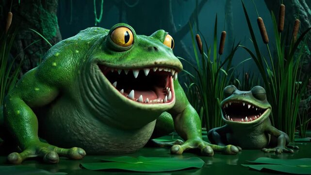 Grinning Cartoon Frogs in Swamp - This video shows two cartoon frogs with large, grinning mouths and pointy teeth sitting on lily pads in a swamp.