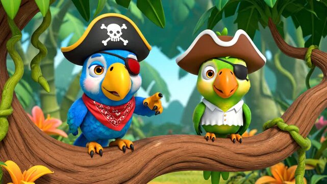 Cartoon Pirate Parrots on a Branch - Two cartoon parrots dressed as pirates sit on a jungle branch. The blue parrot has a bandana and pirate hat with a skull, while the green parrot has an eyepatch