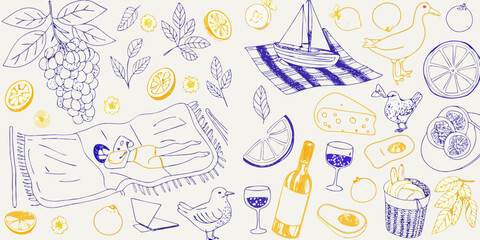 Whimsical hand drawn summer picnic scene with fruit wine and birds on a blanket