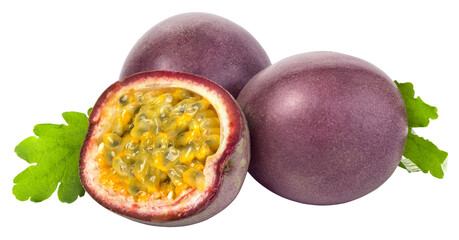 Passion fruit cut in half revealing juicy pulp