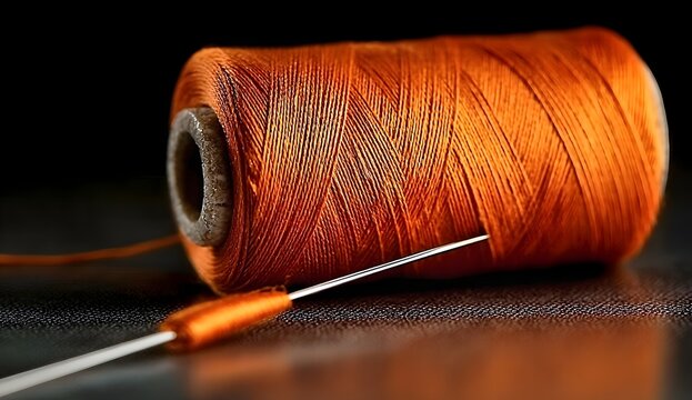 Close-up of a silver sewing needle threaded with orange thread, resting on a rustic wooden surface next to a full spool Warm tones and shallow depth of field create a cozy  handmade craftsmanship 