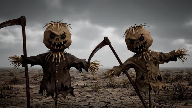 Creepy Scarecrows in Barren Field - Two menacing scarecrows stand guard in a desolate field with cracked earth under a cloudy sky.