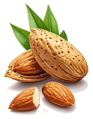 Almonds with Leaves on White Background.