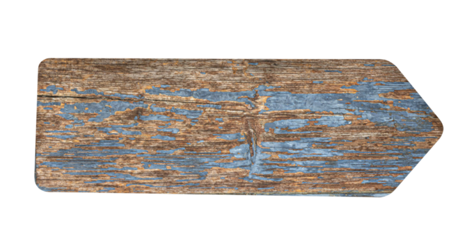 Old rustic wooden arrow sign with peeling paint