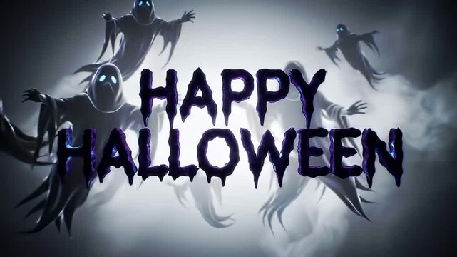 "Happy Halloween" Greeting with a Swarm of Flying Ghosts and Wraiths