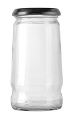 Empty transparent glass packaging jar with black lid
