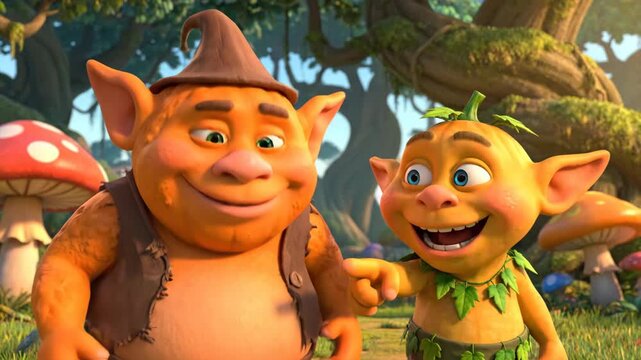 Animated Goblin Friends in Forest Setting - Two smiling animated goblins are standing in a forest. One goblin is wearing a brown hat and applying cream to his face, while the other goblin is wearing