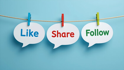 Like Share Follow Speech Bubbles, Social Media Engagement Marketing Concept