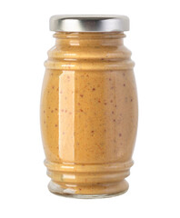 Glass jar filled with mustard sauce on transparent background