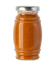 Glass jar filled with orange jam preserves