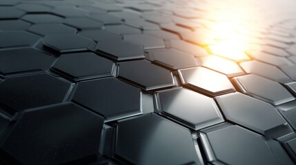 Modern solar panel cells with geometric hexagonal pattern. Morning sunlight reflection
