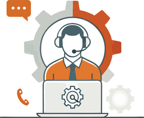 Customer service agent with headset and laptop surrounded by gears