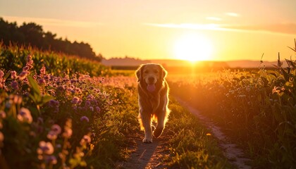 Golden Retriever in a field at sunrise