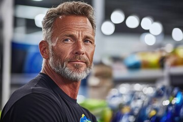 Caucasian mature male in casual setting with grey beard and black shirt