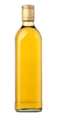 Glass bottle container with golden liquid on transparent background