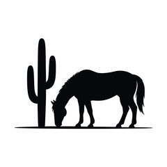 Silhouette of a horse grazing beside a tall saguaro cactus in a desert landscape