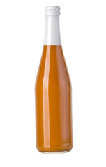 Glass bottle containing orange juice on transparent background
