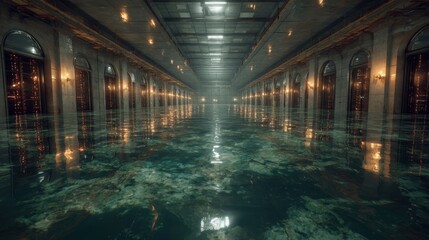 Flooded data center hall with servers reflecting in water