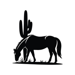 Desert horse silhouette grazing by a saguaro cactus at sunset