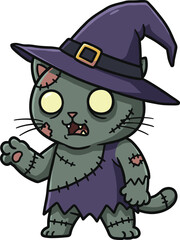 Cute cartoon zombie cat character wearing purple witch hat and ragged costume for spooky halloween vector illustration designCute cartoon zombie cat character wearing purple witch hat and ragged 