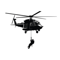 Helicopter silhouette with soldier rappelling down dynamic aerial scene