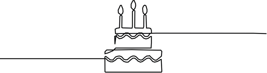 Continuous one line drawing of birthday cake with candles. Party, anniversary and celebration concept.