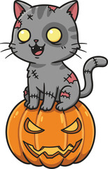Cute zombie cat with glowing yellow eyes sitting on scary halloween pumpkin for spooky cartoon vector illustration designCute zombie cat with glowing yellow eyes sitting on scary halloween pumpkin 