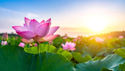 Beautiful lotus flower in a field at sunrise