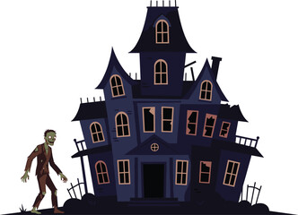 Spooky haunted house with broken windows and creepy zombie, dark horror night illustration perfect for Halloween decorationsSpooky haunted house with broken windows 