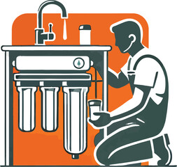 Man installing water filter system under sink installation