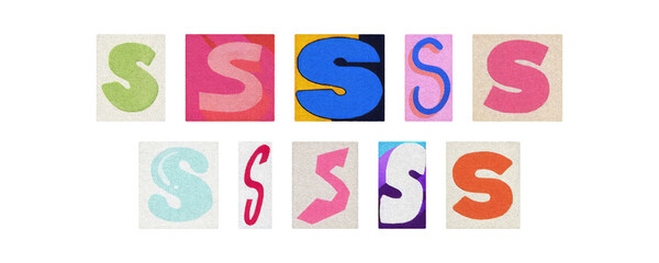 Magazine letter S cutout tiles collage set on transparent PNG
