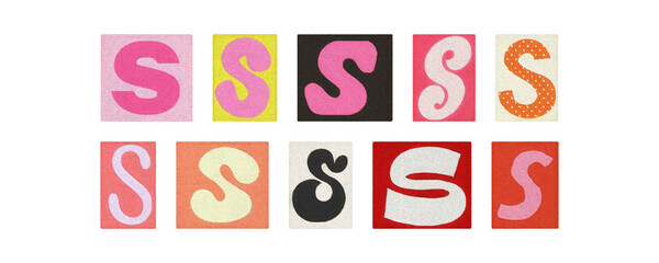 Colorful letter S collage from magazine clippings, transparent PNG
