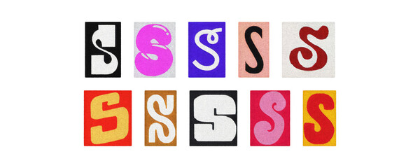 Colorful letter S collage from magazine clippings, transparent PNG
