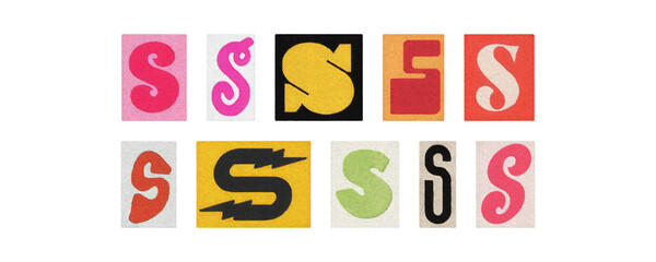 Typography letter S set in diverse styles, cutouts on PNG
