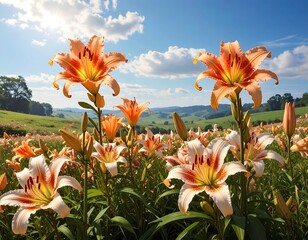 Beautiful orange and white lilies in a field