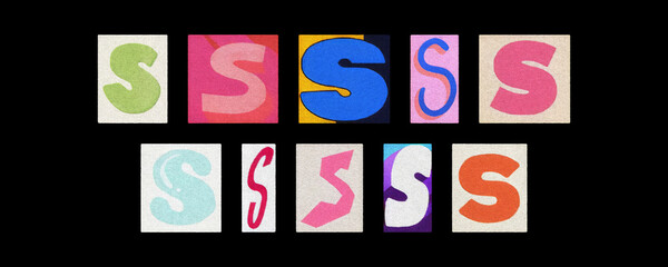 Magazine letter S cutout collage set arranged on a black background

