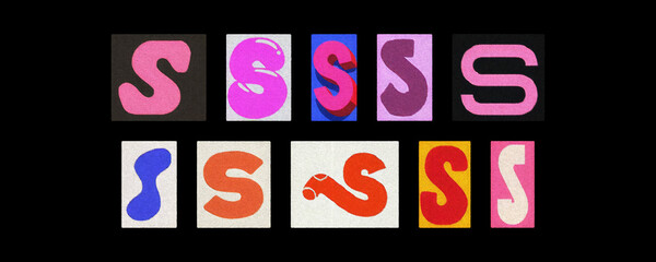 Colorful letter S tiles from magazines, collage against black
