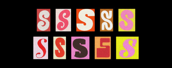Colorful letter S tiles from magazines, collage against black
