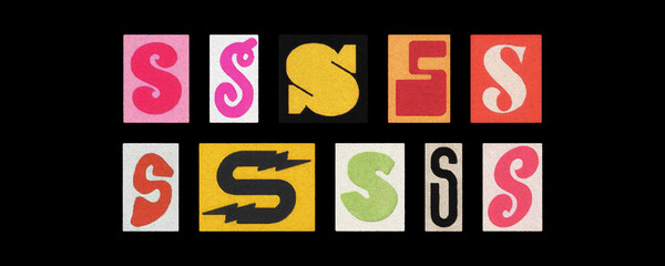 Vintage and modern letter S tiles collection, collage on black
