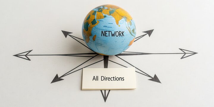 Globe positioned at the center of directional arrows illustration