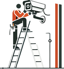 Person installing security camera on ladder installation